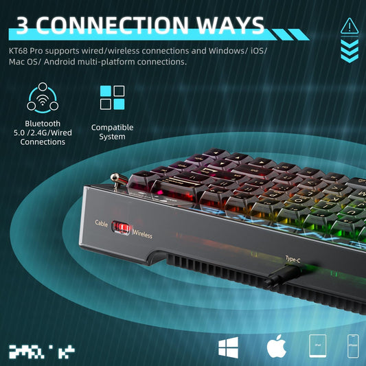 Machenike KT68 Pro 65% RGB Wireless Mechanical Gaming Keyboard, Hot Swappable Brown Switch, Transparent Black, Customizable LED Screen