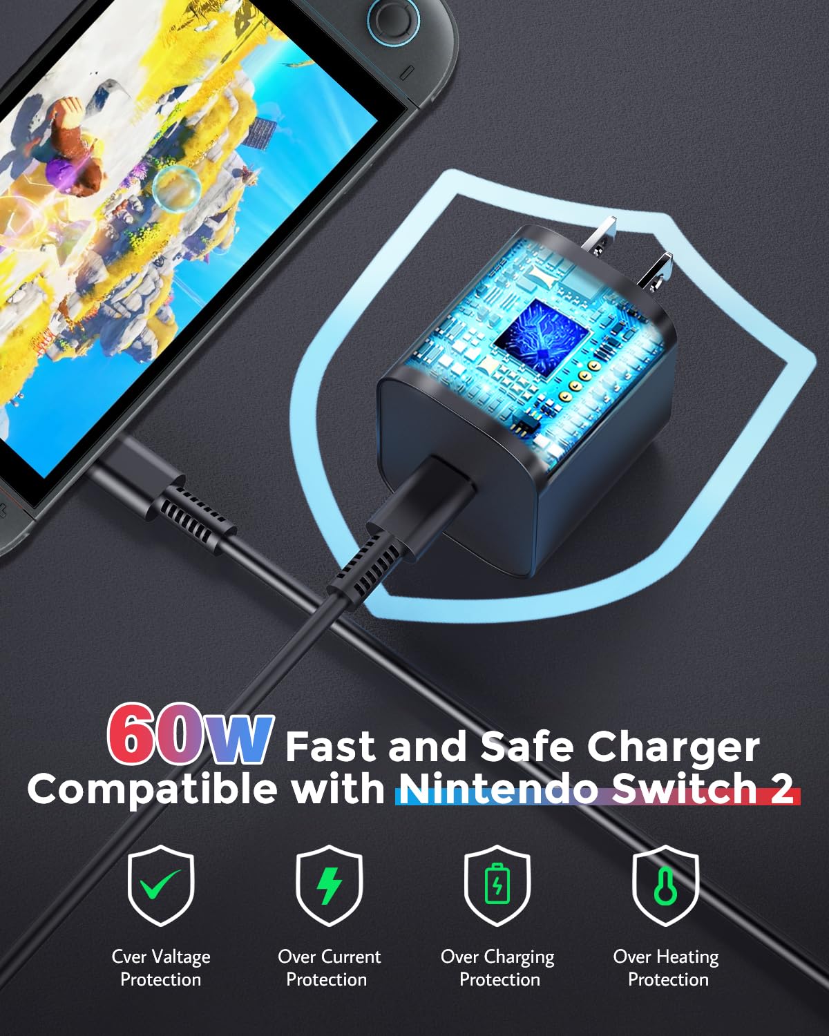 JZW-Shop 60W Fast Charging Charger for Nintendo Switch & Steam Deck - 20V 3.0A AC Adapter with 1.5M USB C Cable - Black