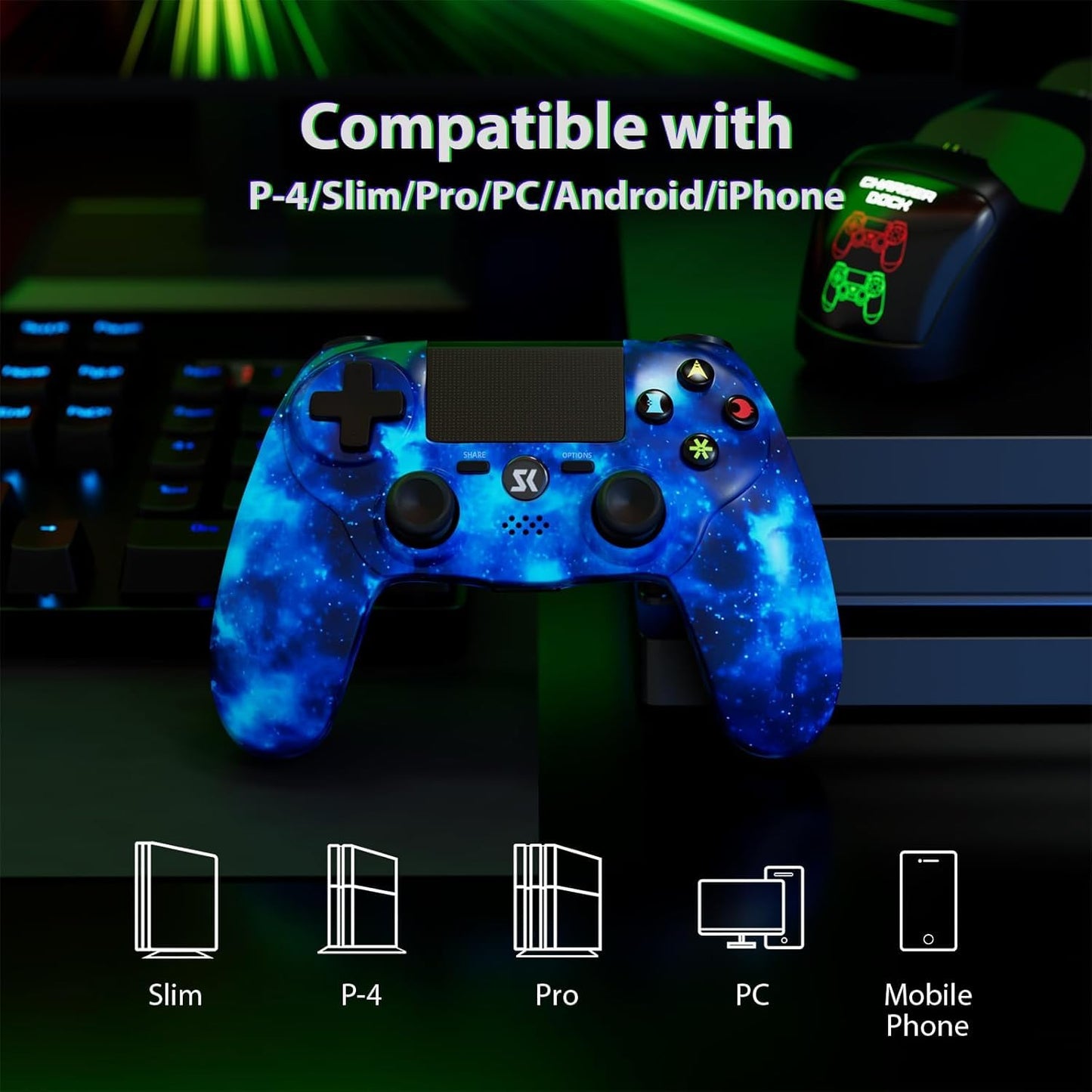 CHENGDAO Wireless PS4 Controller 2 Pack - Black & Blue, 6-Axis Motion Sensor, Double Vibration, Touch Pad, Speaker & 3.5mm Audio Jack