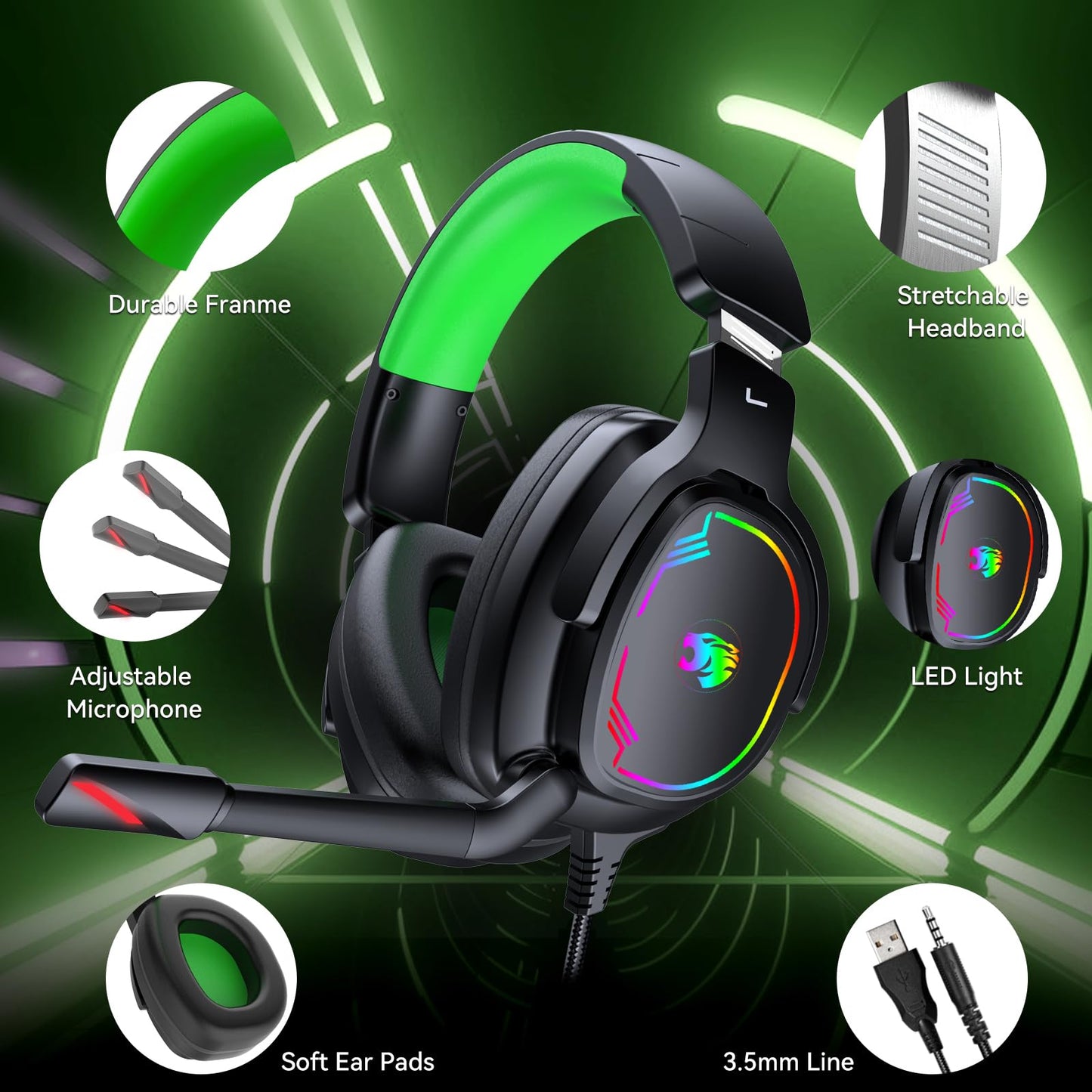 Jimonyer Gaming Headset - Stereo Surround Sound, Noise Canceling Mic, 3.5mm Jack, RGB Light, Large, Green, Model A83-Green