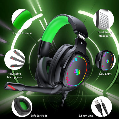 Jimonyer Gaming Headset - Stereo Surround Sound, Noise Canceling Mic, 3.5mm Jack, RGB Light, Large, Green, Model A83-Green