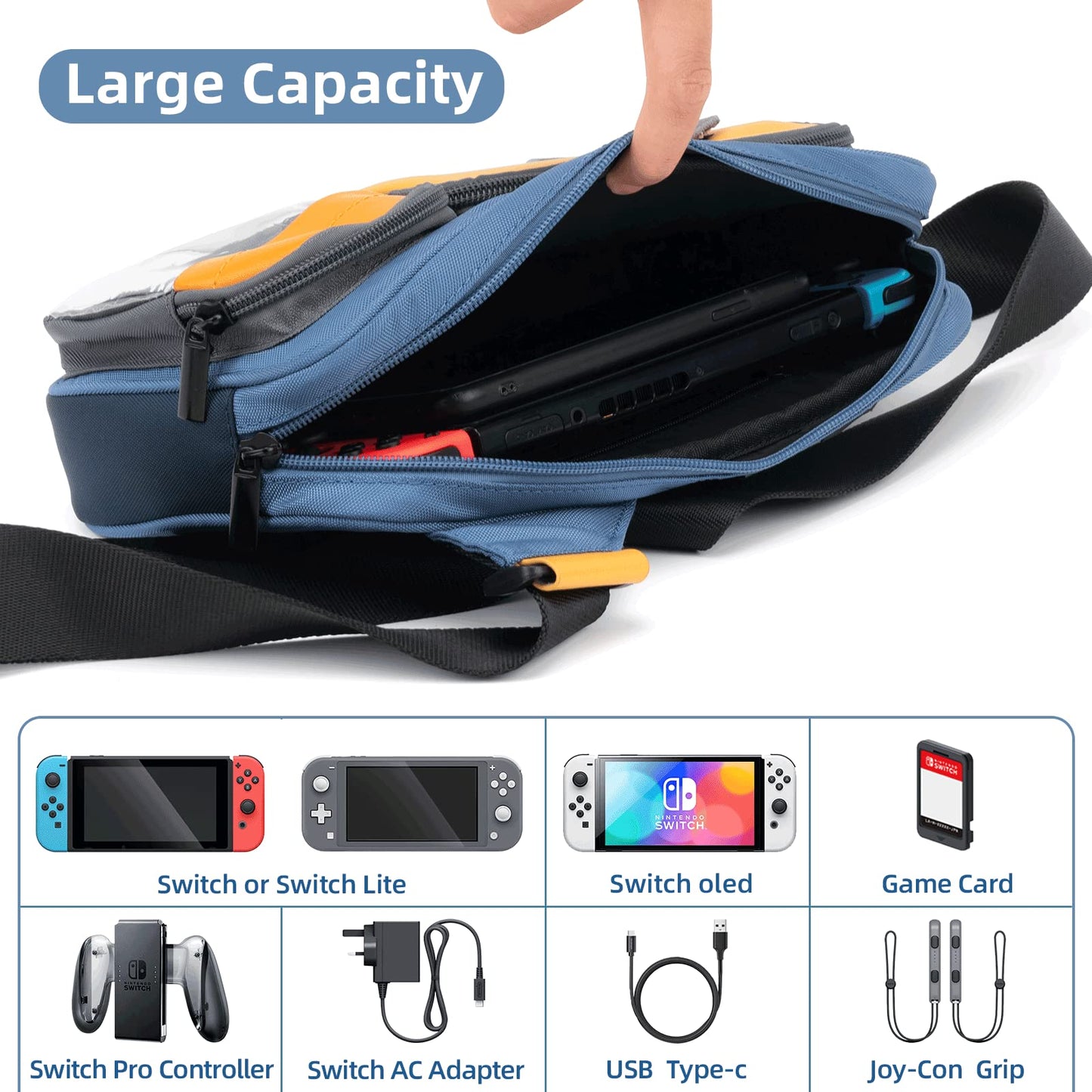 GeekShare Switch Carrying Case - Large Capacity Nylon Messenger Bag, Blue & Yellow, Compatible with Nintendo Switch & Switch OLED