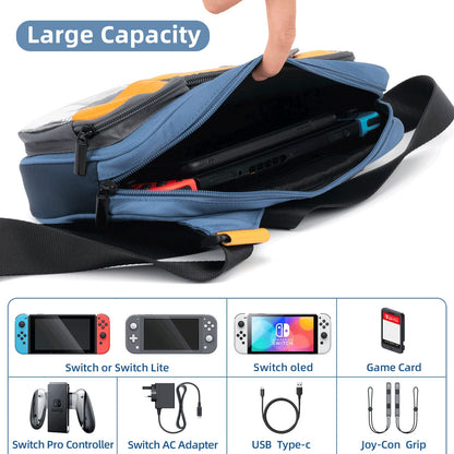 GeekShare Switch Carrying Case - Large Capacity Nylon Messenger Bag, Blue & Yellow, Compatible with Nintendo Switch & Switch OLED