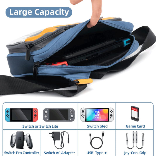 GeekShare Switch Carrying Case - Large Capacity Nylon Messenger Bag, Blue & Yellow, Compatible with Nintendo Switch & Switch OLED