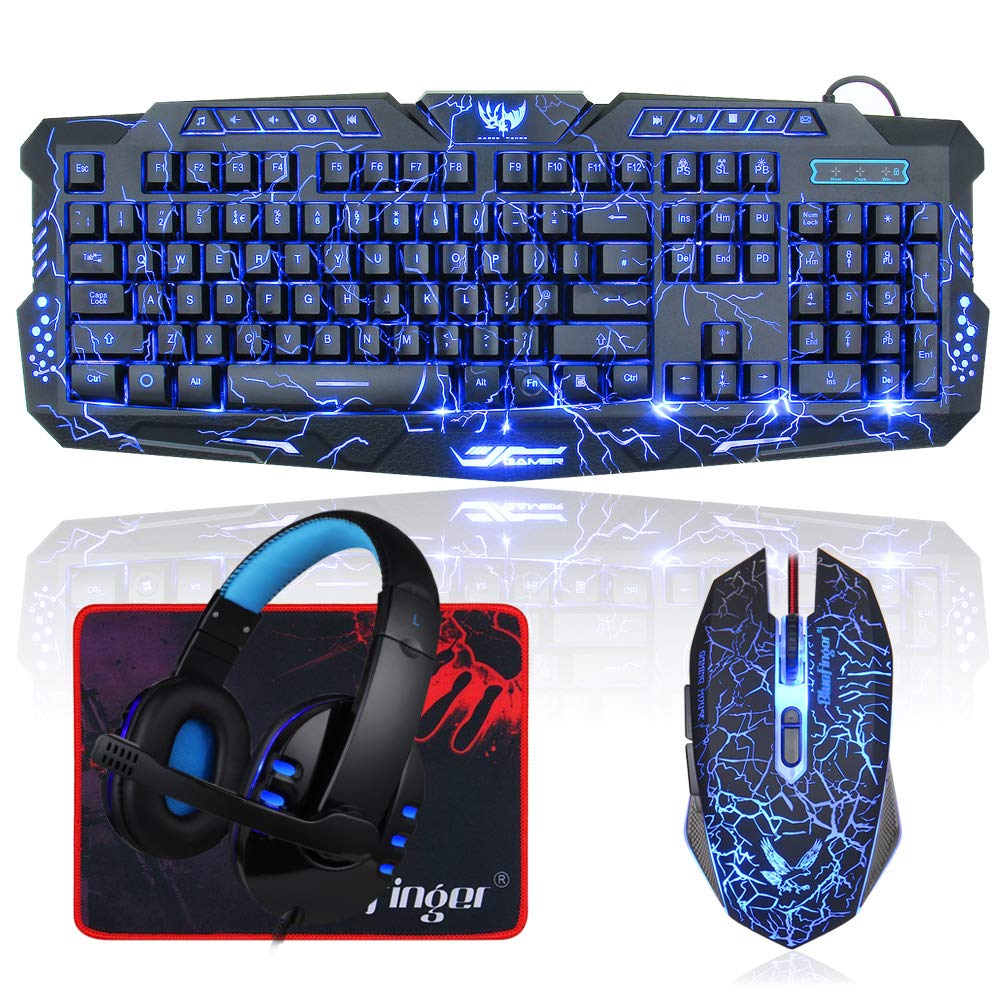 BlueFinger Backlit Gaming Keyboard and Mouse and LED Headset Combo USB Wired 3 Color Crack Backlit Keyboard Blue LED Light Gaming Headset Gaming Keyboard Mouse Headphone Set for Work and Game