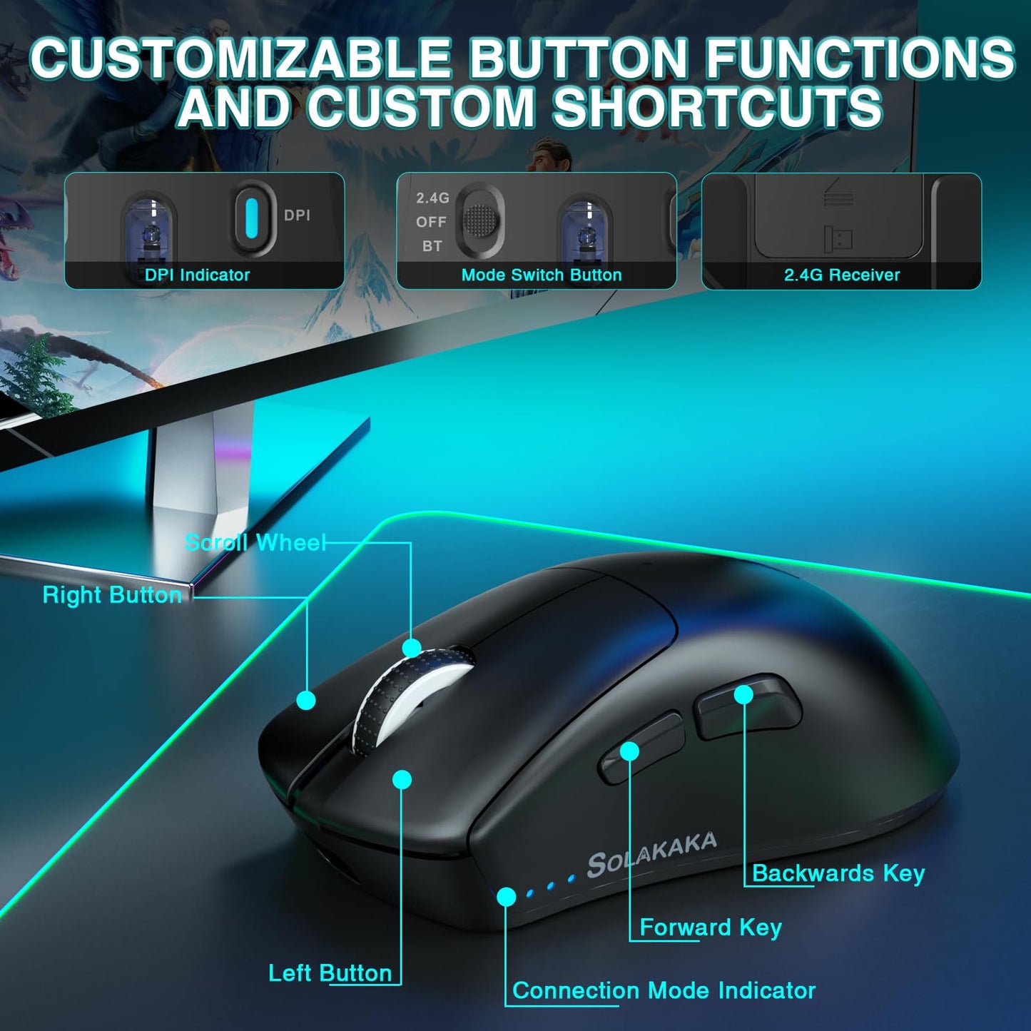 SOLAKAKA SM805 Wireless Gaming Mouse, 24000 DPI, BT5.0/2.4G/Type-C, Black, Lightweight with 2 Side Buttons, Ergonomic Design