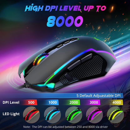 Redragon M910-K Wired Gaming Mouse, 8000 DPI, RGB Backlit, 9 Programmable Buttons, Black