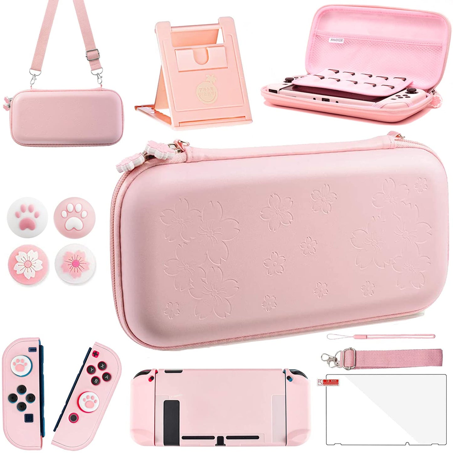 OLDZHU Pink Travel Carrying Case Accessories Kit Compatible With Nintendo Switch - 10 in 1 Essential Protection Kits with Hard Protective Cover Glass Screen Protector Adjustable Stand Thumb Grip Caps