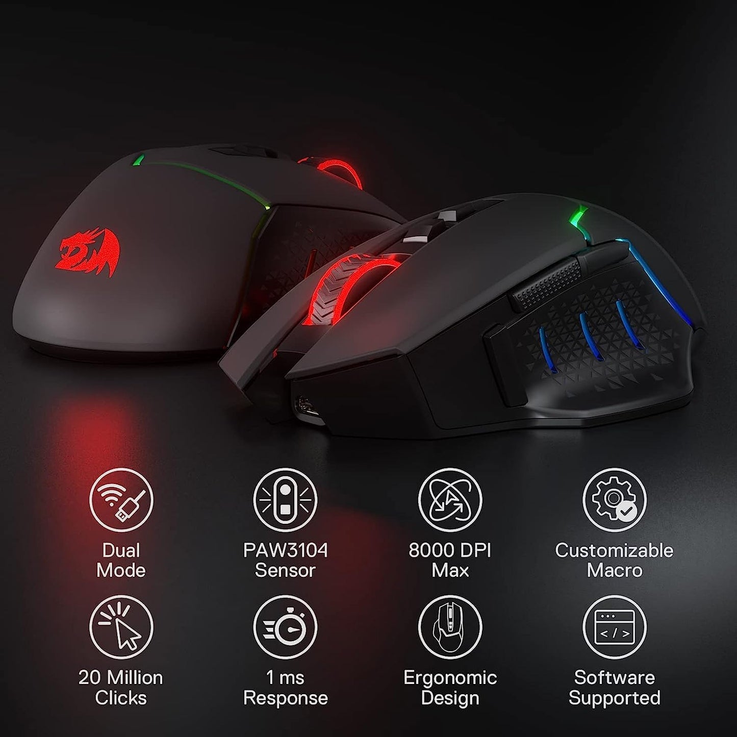 Redragon M690 PRO Wireless Gaming Mouse - 8000 DPI, 8 Macro Buttons, Ergonomic Design, Black for PC/Mac/Laptop