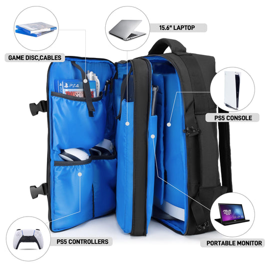 PGmoon Travel Backpack for PS5, Protective Case for Controllers & 15.6" Laptop, Medium to Large, Black, Model CAPG00701