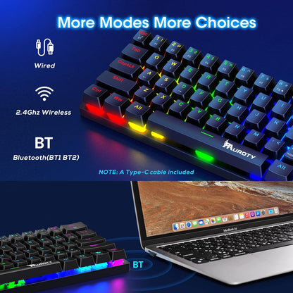 Pauroty 60% Wireless Mechanical Keyboard, RGB Backlit, Clicky Blue Switch, Mini 61 Keys, 2.4G/USB-C/Bluetooth, Black, Model PC335