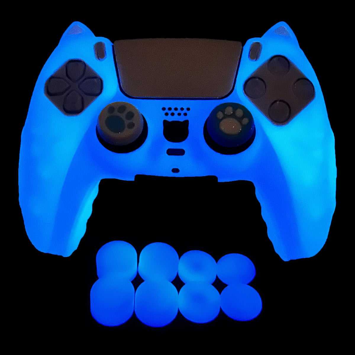 HLRAO Glow in The Dark PS5 Controller Skin Blue Cute Cat Paw Silicone Cover Skins Compatible with PlayStation 5 Controller Include 8 PCS Thumb Grips Glow and 2 Cat Paw Grips Caps Accessories.