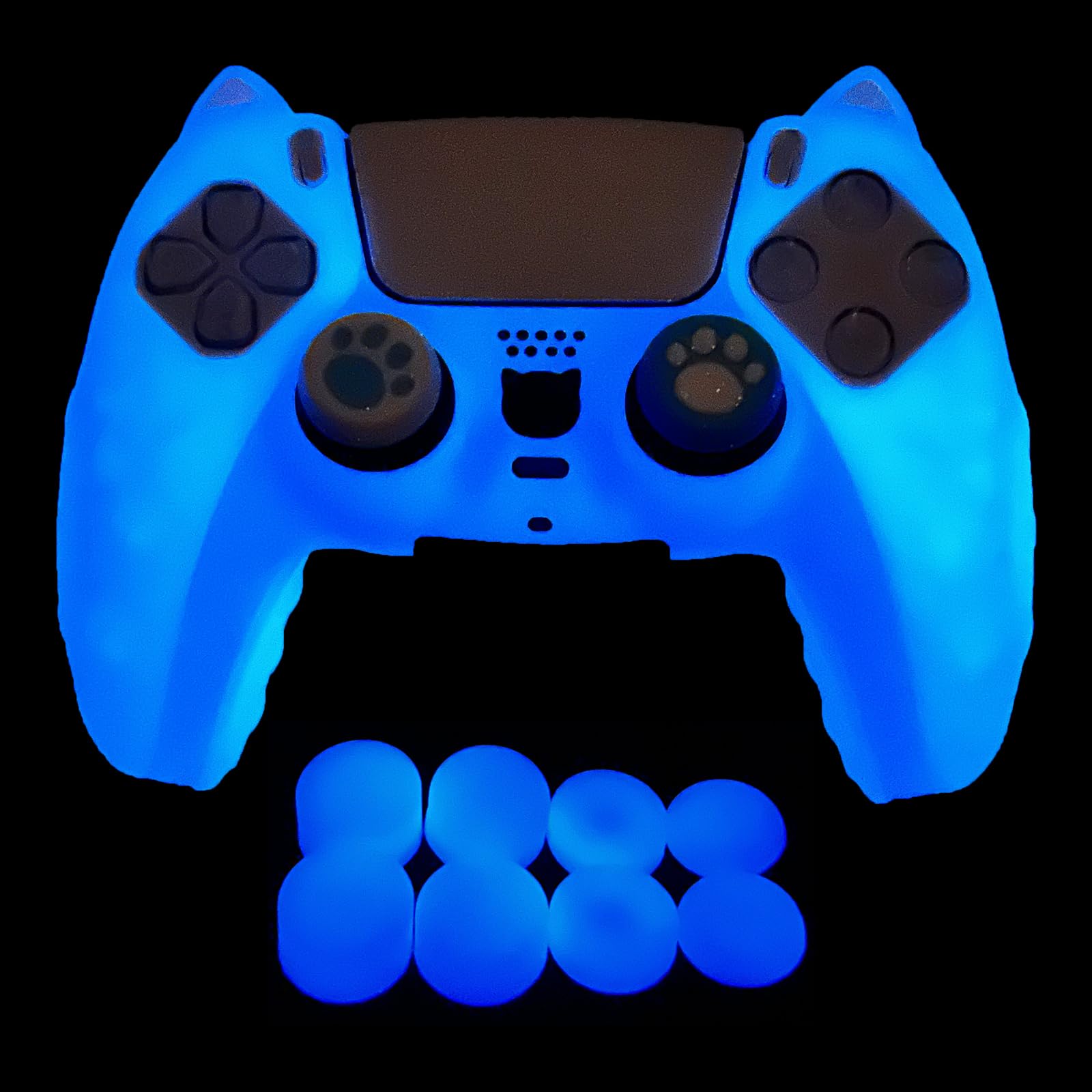 HLRAO Glow in The Dark PS5 Controller Skin Blue Cute Cat Paw Silicone Cover Skins Compatible with PlayStation 5 Controller Include 8 PCS Thumb Grips Glow and 2 Cat Paw Grips Caps Accessories.
