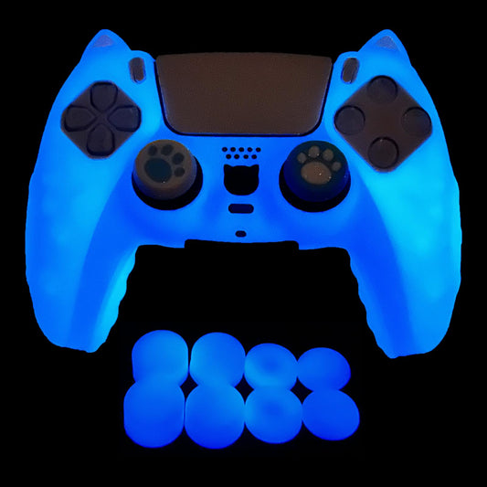 HLRAO Glow in The Dark PS5 Controller Skin Blue Cute Cat Paw Silicone Cover Skins Compatible with PlayStation 5 Controller Include 8 PCS Thumb Grips Glow and 2 Cat Paw Grips Caps Accessories.