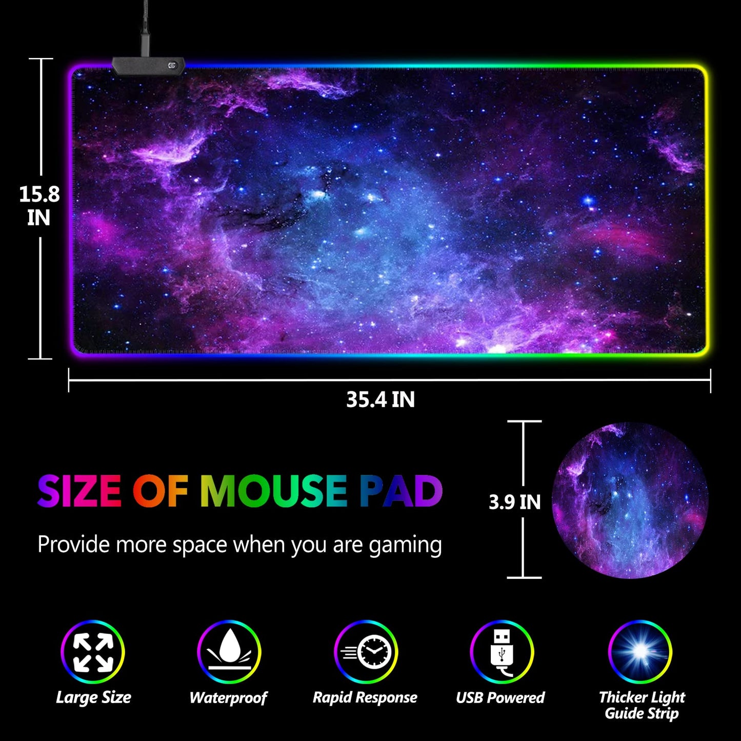 DINKY RGB Gaming Mouse Pad - Large 35.4"x15.8" XL, Nebula Universe, 14 Lighting Modes, Water Resistant Keyboard Mat