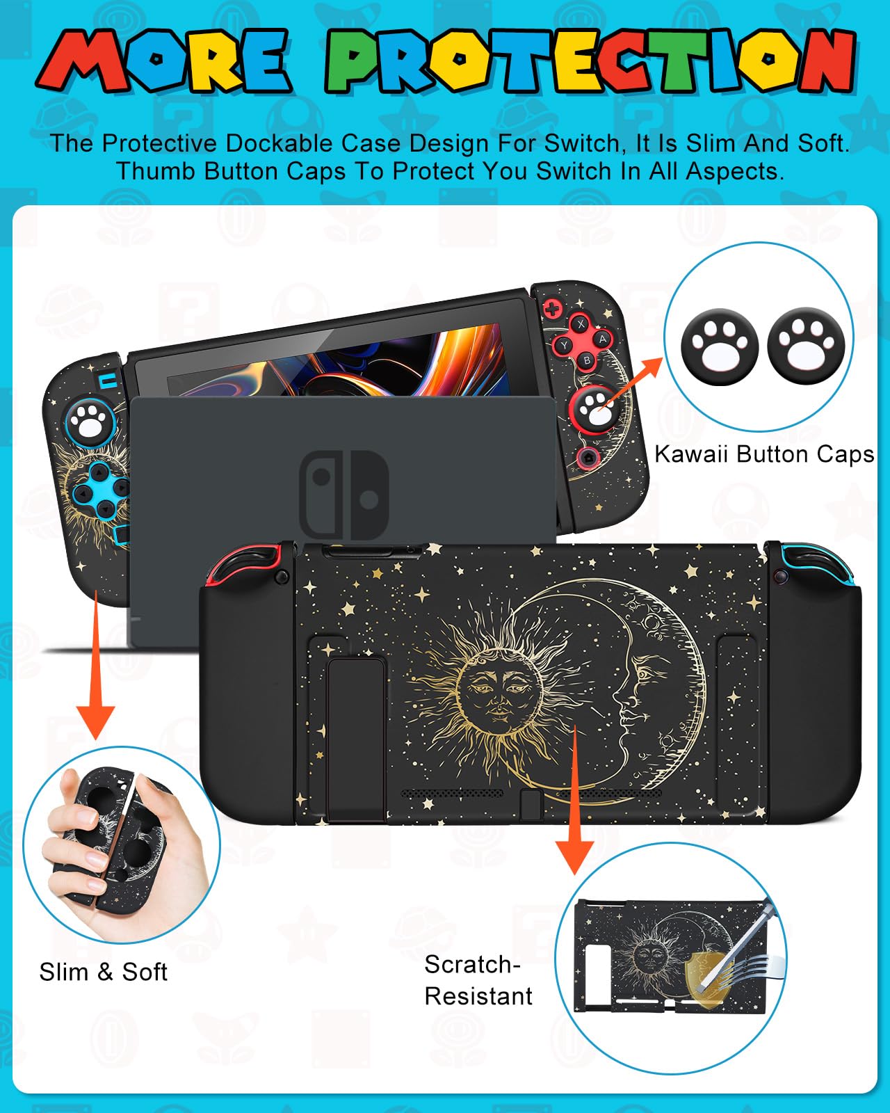 Gurgitat 9in1 Sun Moon Switch Case Bundle for Nintendo Switch - Black, Includes Thumb Grip, Game Holder, Dockable Skin, Shoulder Strap, Sticker