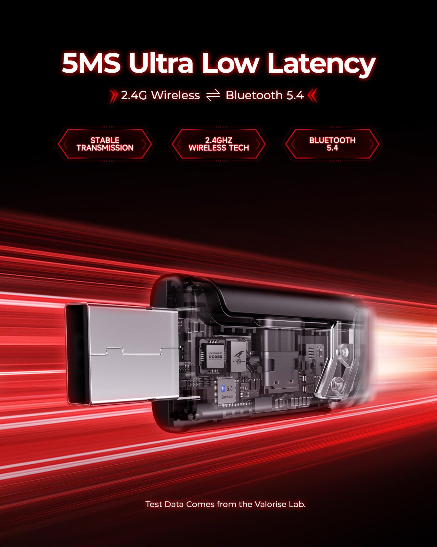 Valorise Wireless Gaming Headset - 7.1 Surround Sound, 100-Hr Battery, Noise Canceling Mic, Adjustable, Black-Red, Model UG-08S-001