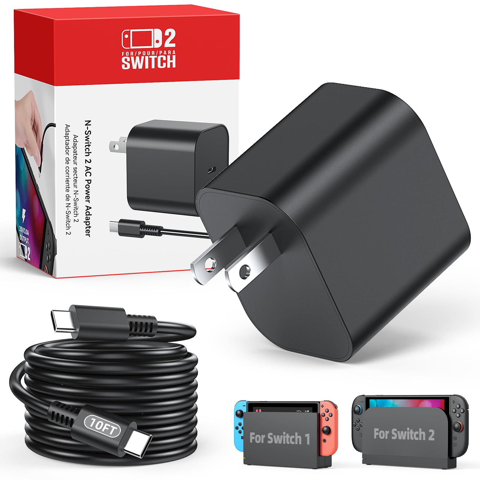 Switch 2 Charger with 10FT(3M) Charging Cable - 60W Support 4K TV Dock Mode  Supply 20V/3A Fast Cord for Switch/OLED/Lite&Steam Deck - Original Quality  Xbox 360 Console (10FT)