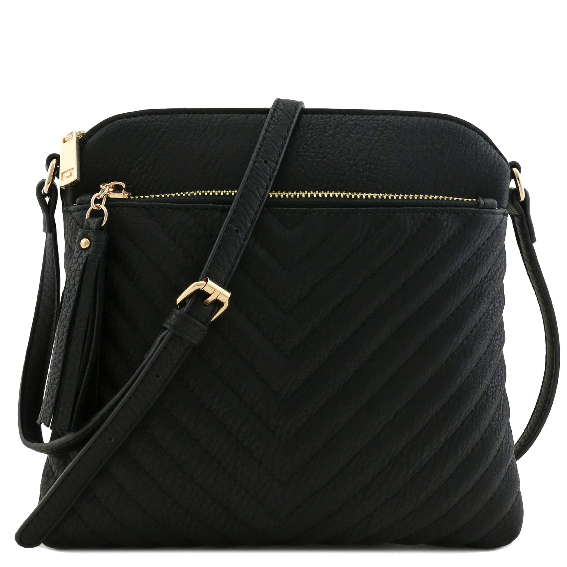 FashionPuzzle Chevron Quilted Crossbody Bag with Tassel Accent, One Size, Black