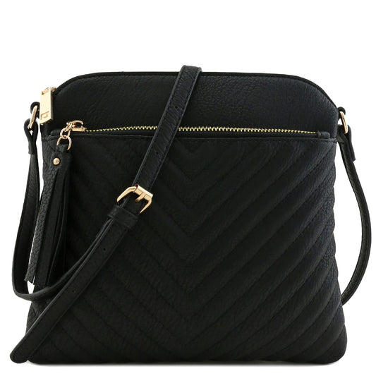 FashionPuzzle Chevron Quilted Crossbody Bag with Tassel Accent, One Size, Black