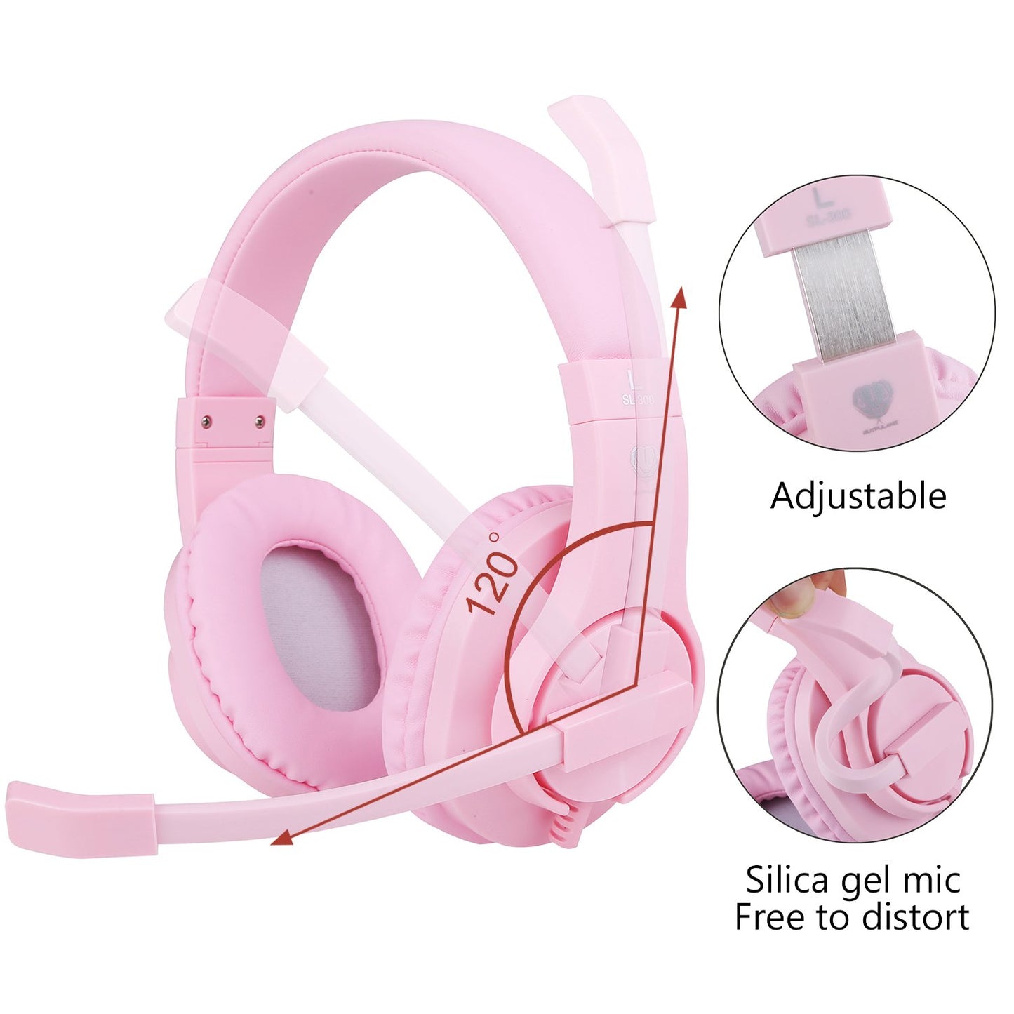 BlueFire Kids Over-Ear Headphones with Microphone, Volume Control, 3.5mm Stereo, Pink, Model CW63BF for Online School, Gaming