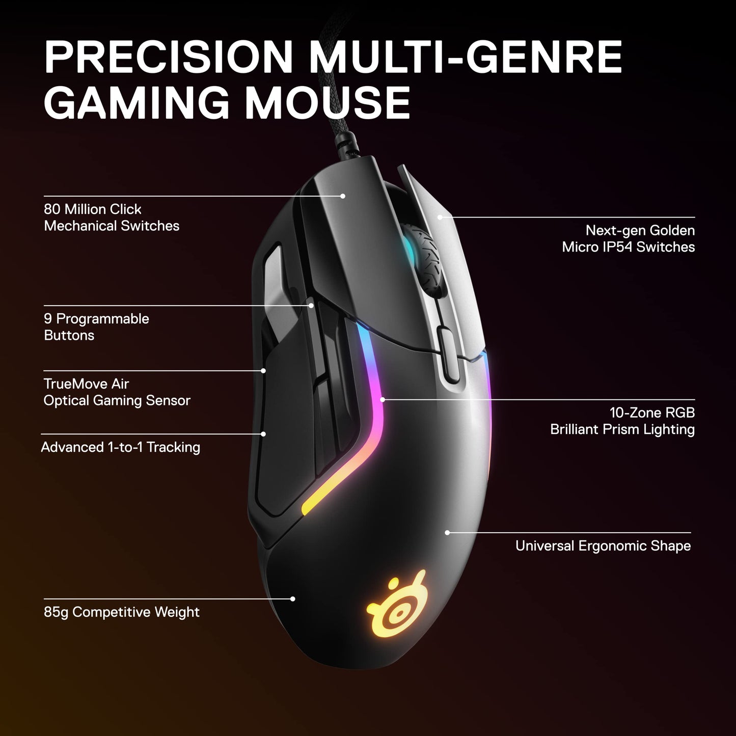 SteelSeries Rival 5 Gaming Mouse - 18,000 CPI, 9 Programmable Buttons, PrismSync RGB, Wired, Black, Model 62551