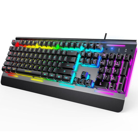 TECKNET Gaming Keyboard - USB Wired, 15-Zone RGB, IP32 Water Resistant, 25 Anti-Ghosting Keys, Model 849146, Black