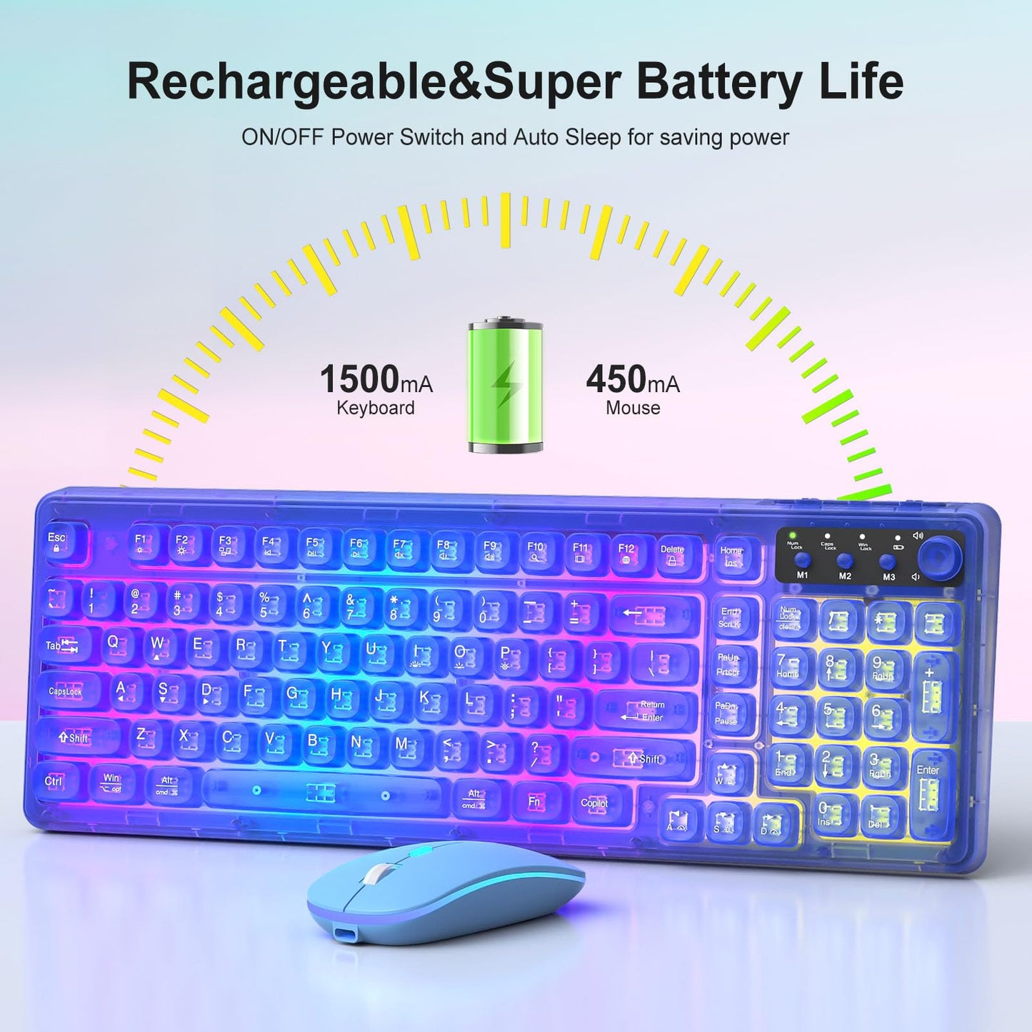 BAIHUAFRU Wireless Backlit Keyboard and Mouse Set, Full Size, Blue Light, 2.4GHz, Rechargeable, RGB Effects, Volume Knob, Mac/PC