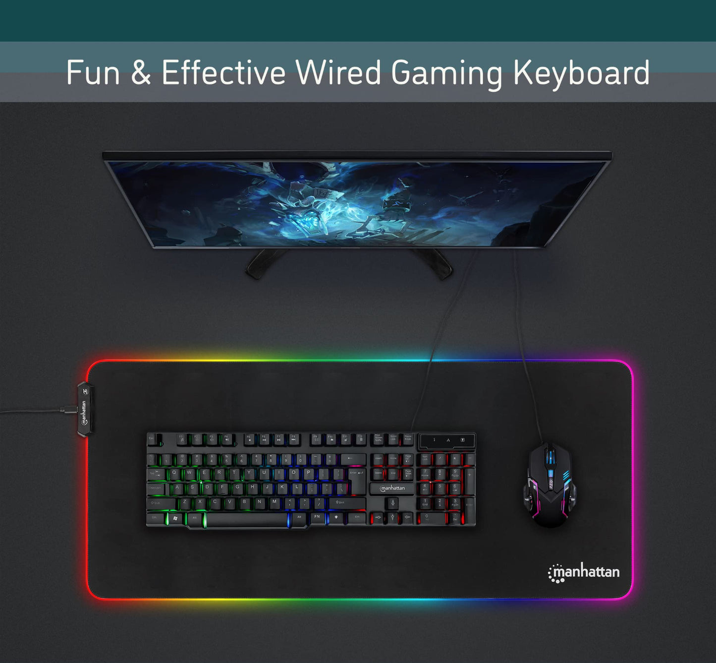Manhattan Gaming Keyboard - Backlit RGB LED, Quiet Keystrokes, USB-A, Black, 12 Multimedia Keys, 3 Yr Warranty