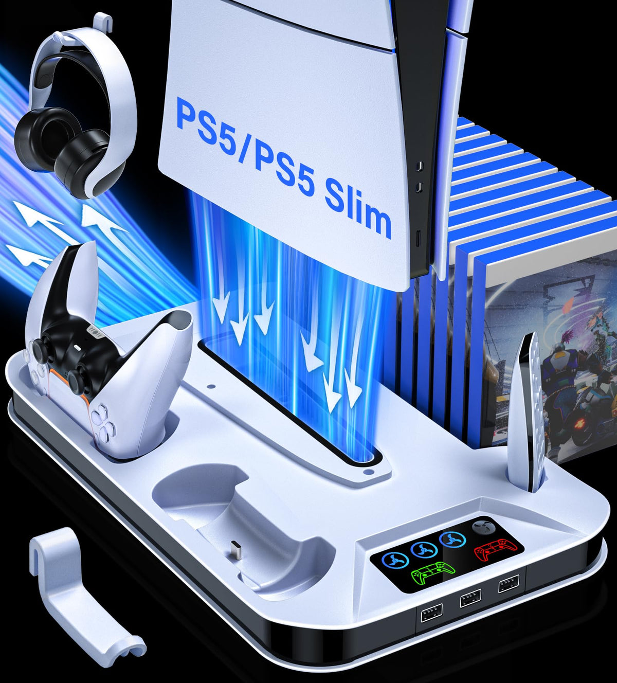 RJAD PS5/PS5 Slim Cooling Station  PS5 Slim Stand with Dual Controller Charging Station for PlayStation 5 Slim & PS5  PS5 Vertical Stand Accessories incl. Ps5 Cooling Fan  USB Hubs  Headset Holder