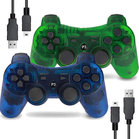 Burcica PS3 Wireless Controller 2 Pack - Motion Sense, Dual Vibration, Transparent Green & Blue