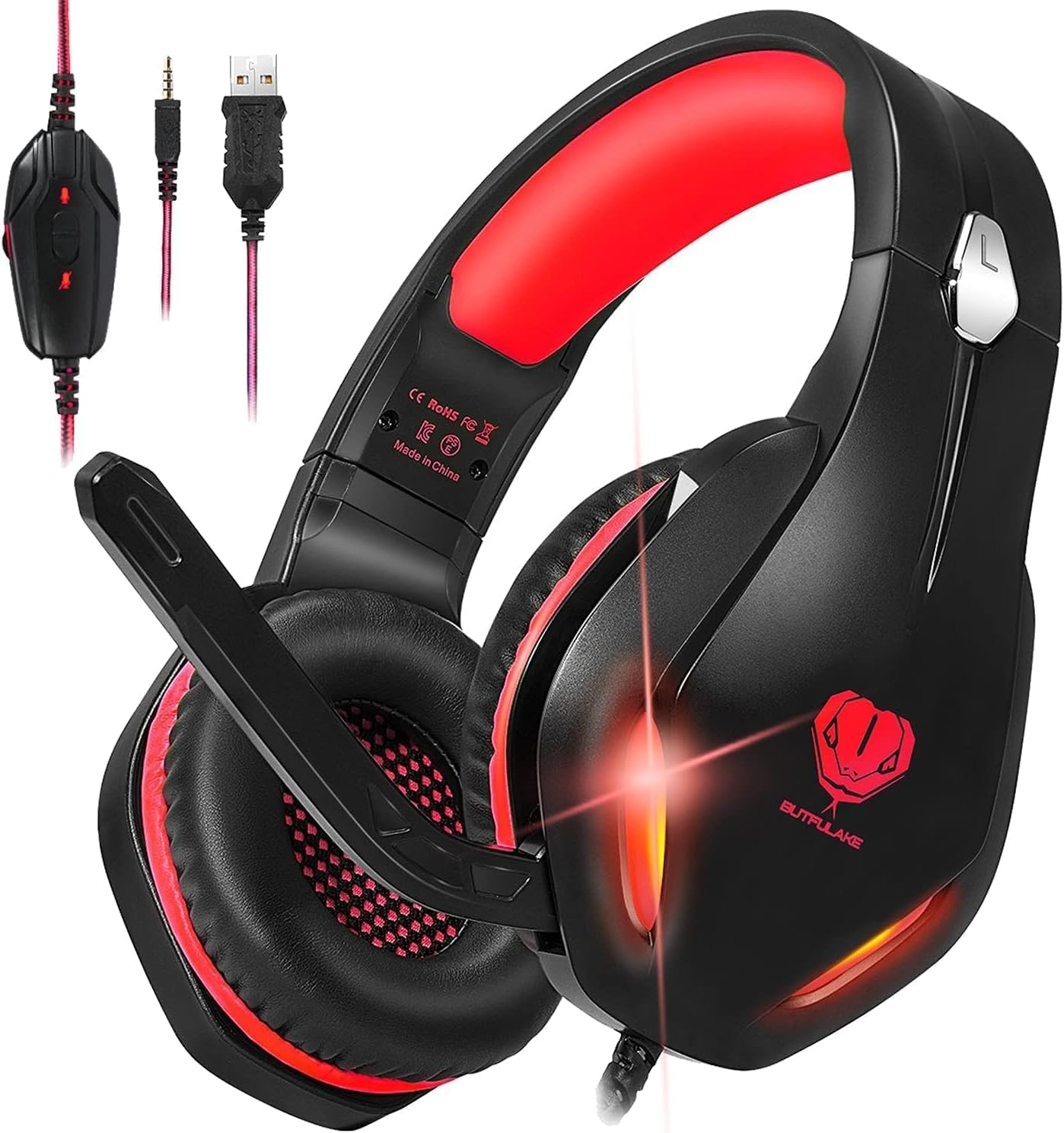 Stynice Butflake Gaming Headset - Wired, Noise Cancelling Mic, LED Light, Lightweight, Red, Model GH-2 for PC, PS4, Xbox One, Laptop