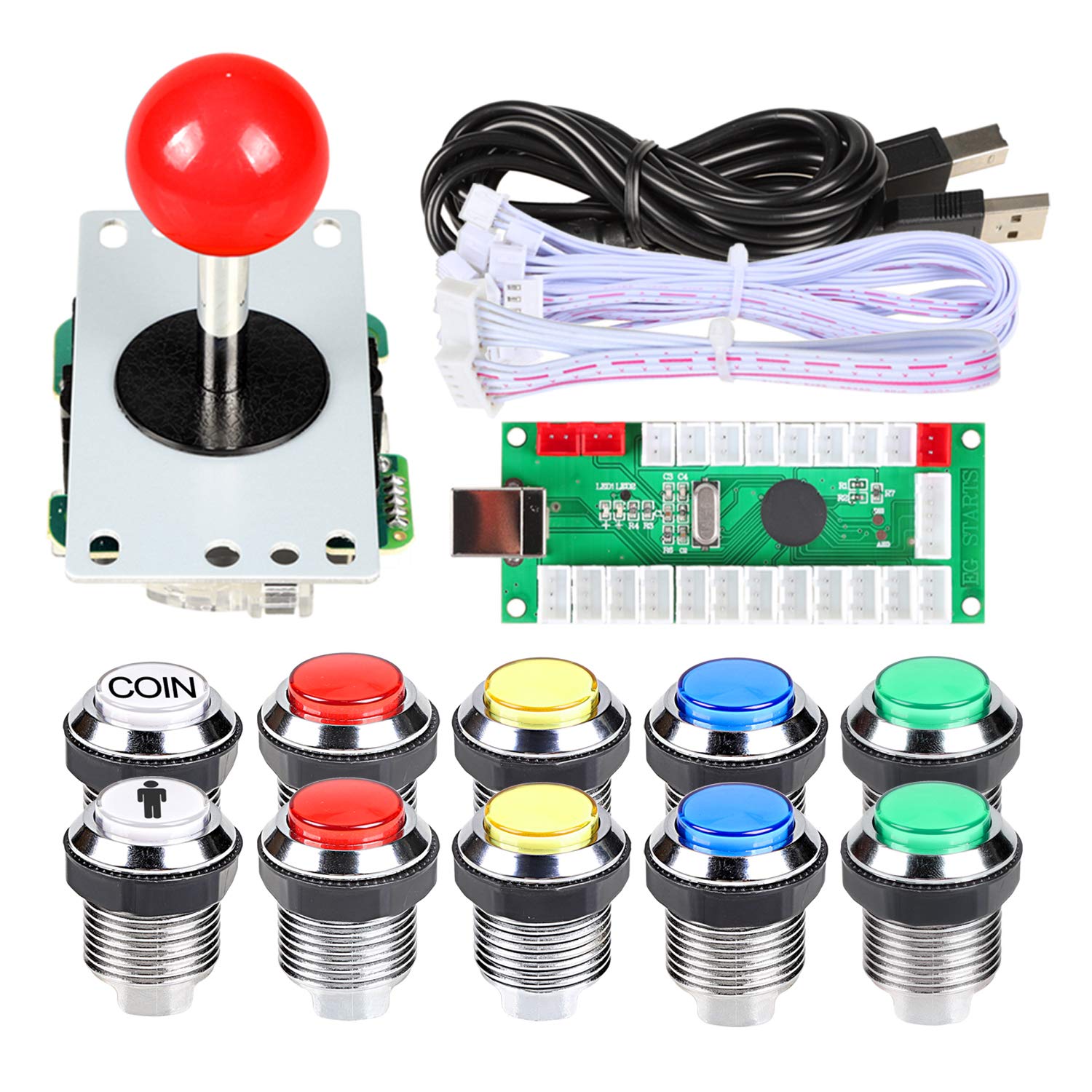 EG STARTS Arcade DIY Kit - USB Encoder, 8-Way Joystick, Chrome LED Push Buttons for Raspberry Pi 2/3/3B - Silver, Model DS-G0FZ-L