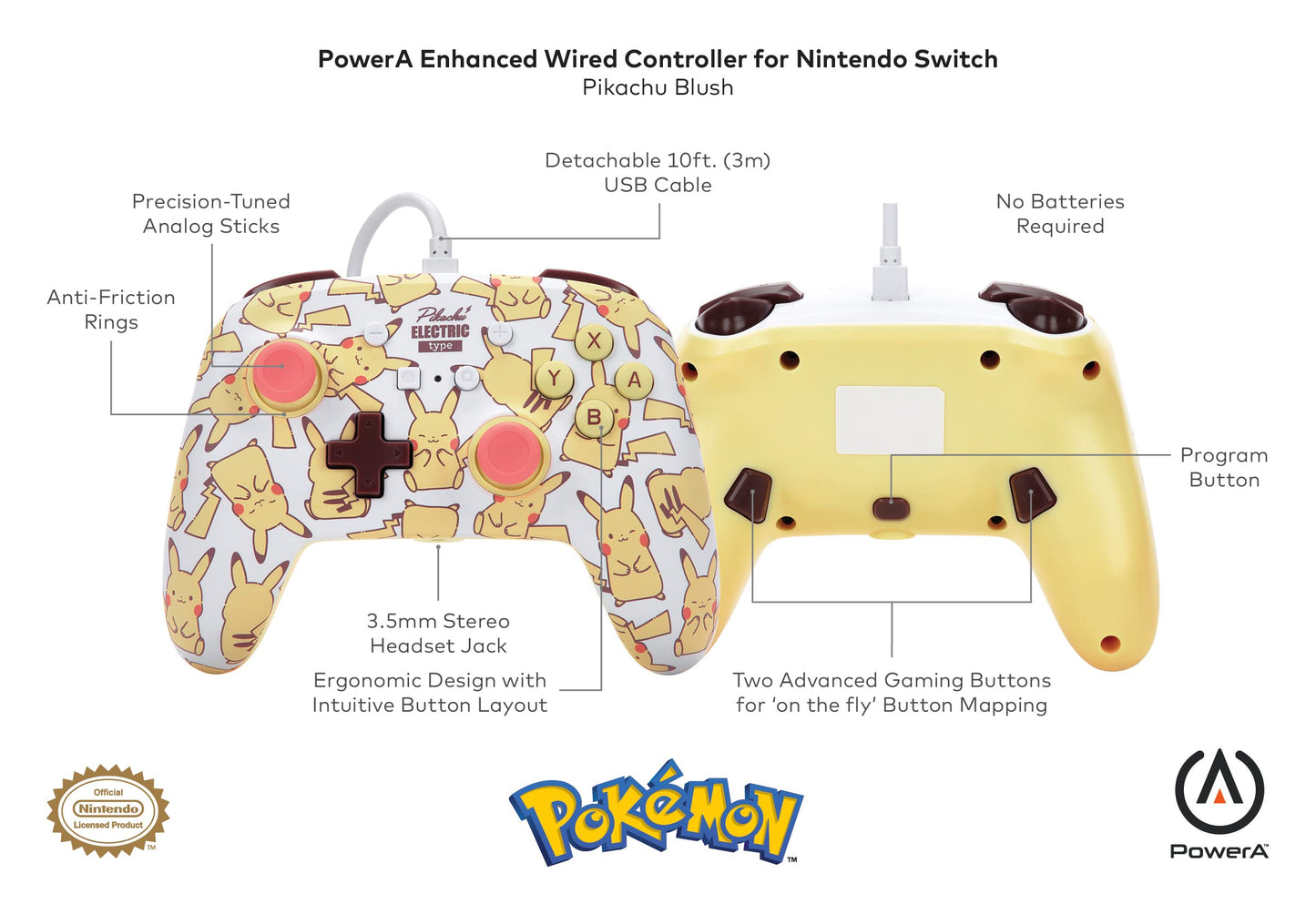 PowerA Enhanced Wired Controller for Nintendo Switch - Pikachu Blush Model, Colorful Design
