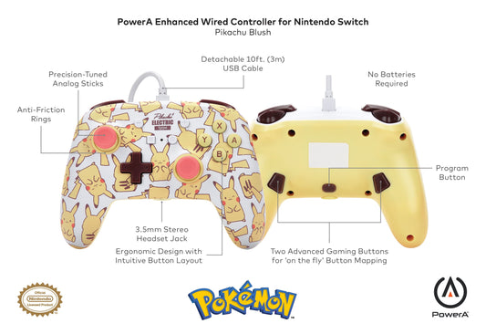 PowerA Enhanced Wired Controller for Nintendo Switch - Pikachu Blush Model, Colorful Design