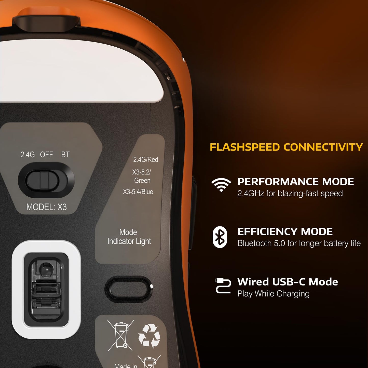 ATTACK SHARK X3 Wireless Gaming Mouse - Tri-Mode 2.4G/USB-C/Bluetooth, 26K DPI, Optical Sensor, 5 Programmable Buttons, Orange