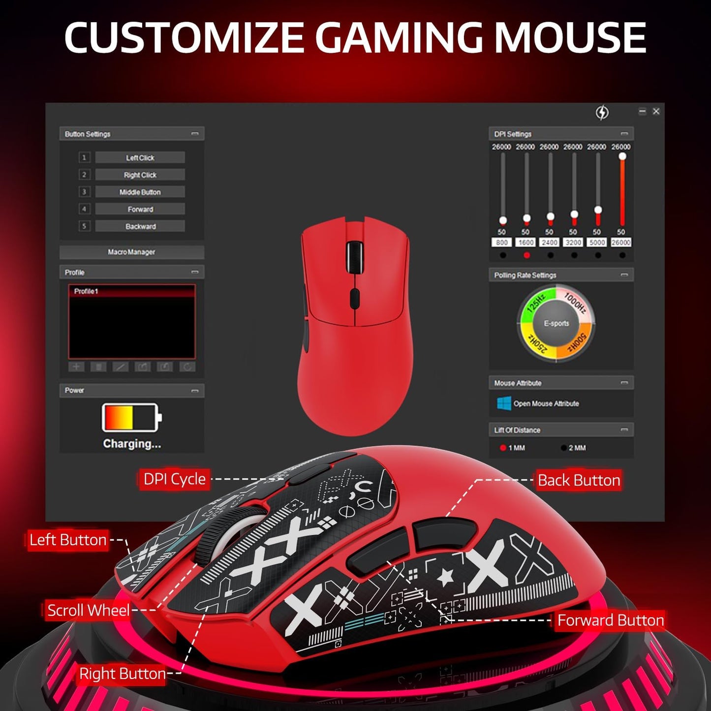 ATTACK SHARK R1 Wireless Gaming Mouse - Tri-Mode Connection, 55g, 18K DPI, Ergonomic Design, Red with Anti-Slip Sticker
