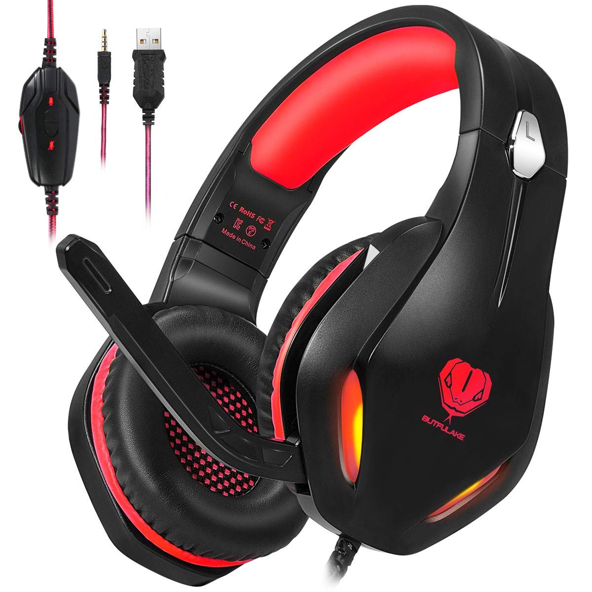Stynice Butflake Gaming Headset - Wired, Noise Cancelling Mic, LED Light, Lightweight, Red, Model GH-2 for PC, PS4, Xbox One, Laptop