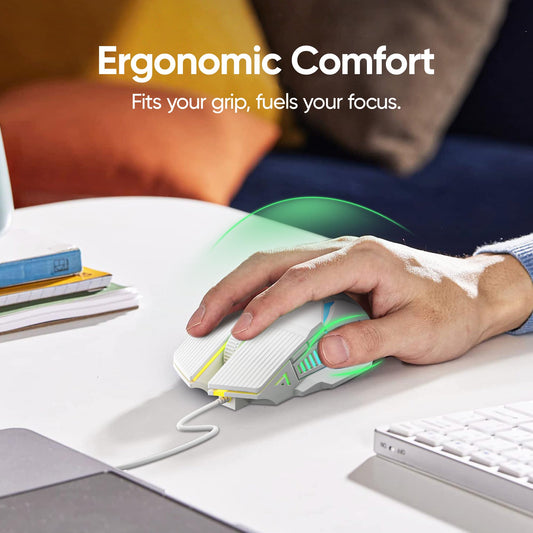 MELOGAGA Wired Gaming Mouse - Lightweight USB Optical, 7-Color RGB, 4 Adjustable DPI, Ergonomic Design, Model S800, White