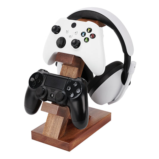 GEEKRIA Solid Wood Dual Gamepad and Headphone Stand, Controller Storage Holder for PS4, PS5, Xbox, Switch, 8BitDo, Universal Des