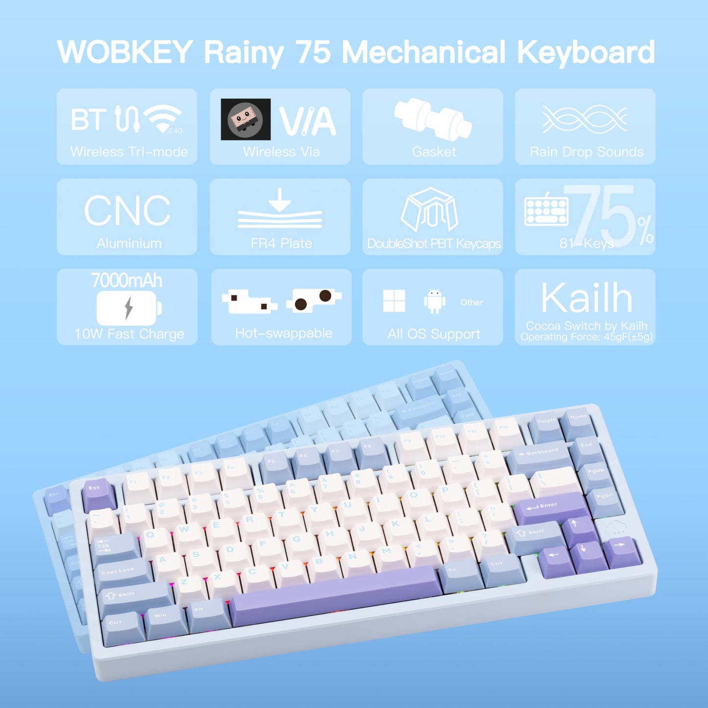 KEEBMONKEY WOBKEY Rainy 75 Mechanical Keyboard - Triple-Mode, RGB, Cocoa Switches, Pro - Blue