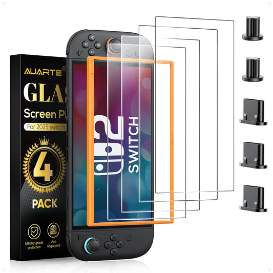 Auarte [5 Dust Plug] 4 Pack Screen Protector for Nintendo Switch 2 Console 2025 with Alignment Frame  HD Clear Tempered Glass Skin Accessories for Nintendo Switch 2 Screen Protector  7.9 inch