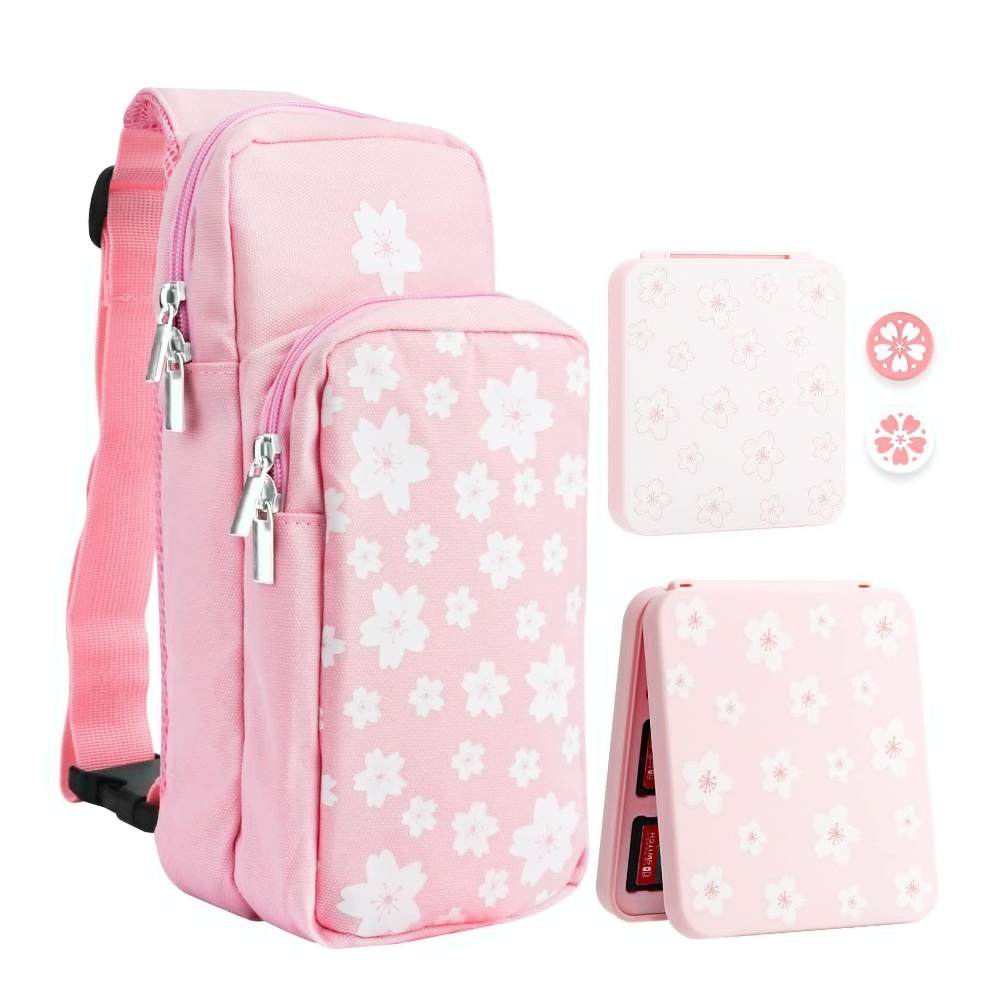 RHOTALL Pink Tpartyl Bag for Nintendo Switch/Lite/OLED Large Capacity Portable Carrying Case Compatible for Chest Shoulder Accessories Storage Backpack with12 sections Game Case Thumb Grip Caps-Sakura