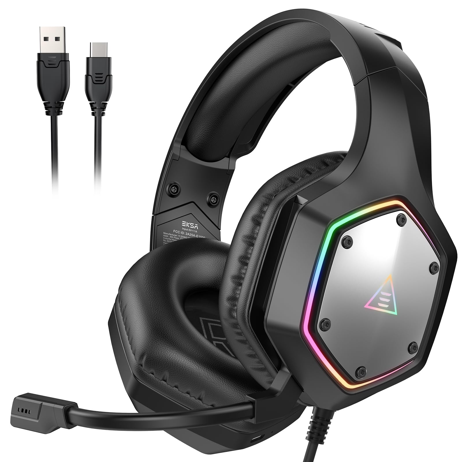 EKSA E1000 V2 Gaming Headset  PC Headset with USB C Plug  Wired Headphones with Noise Canceling Microphone  7.1 Surround Sound  RGB Light  include USB Adapter for Computer Mac  PS4/PS5 Console  Laptop