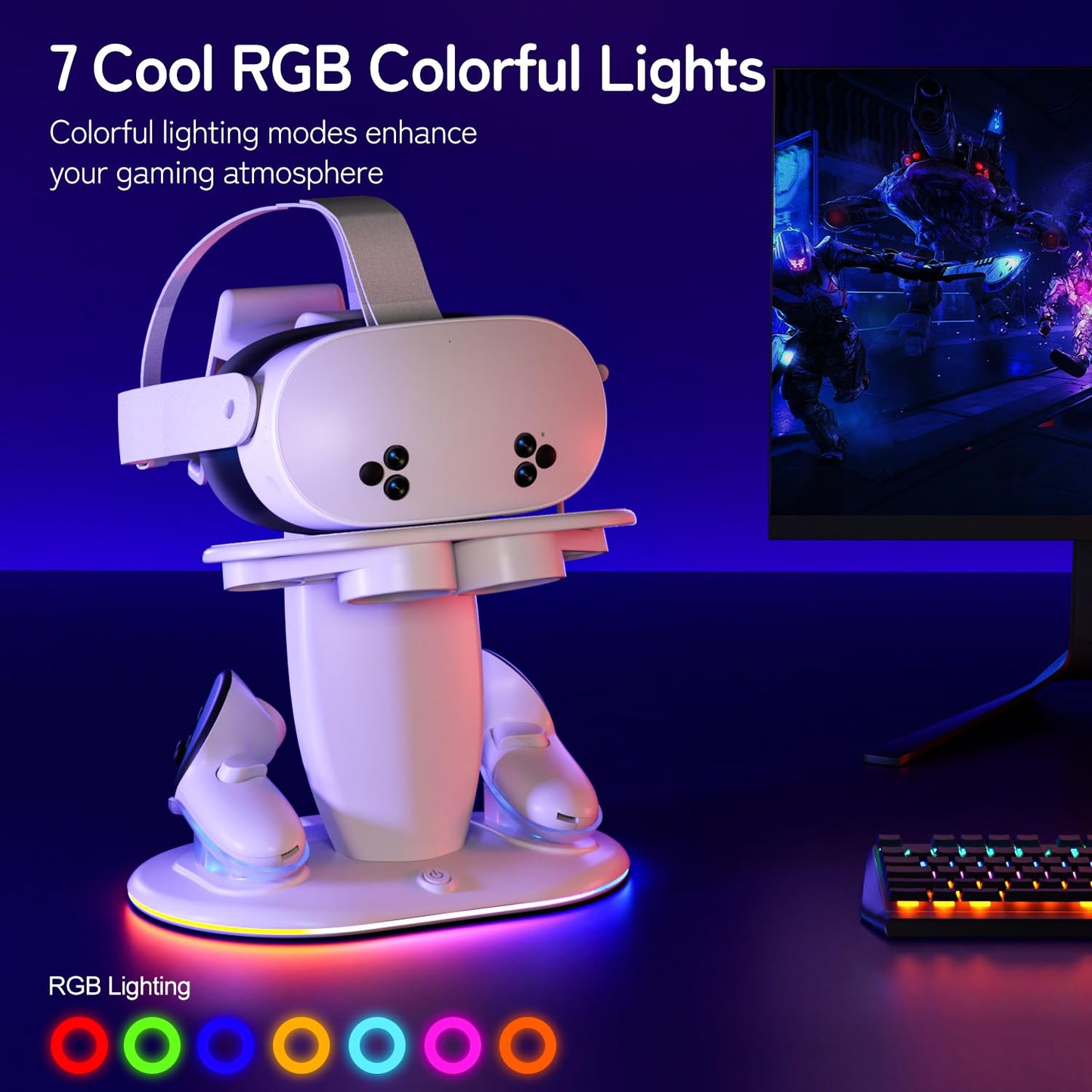 Saqico Fast Charging Dock for Meta Quest 2/3/3S VR Headset & Controllers, RGB Station with 2 Rechargeable Batteries & UL Adapter