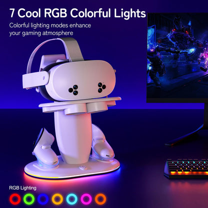 Saqico Fast Charging Dock for Meta Quest 2/3/3S VR Headset & Controllers, RGB Station with 2 Rechargeable Batteries & UL Adapter