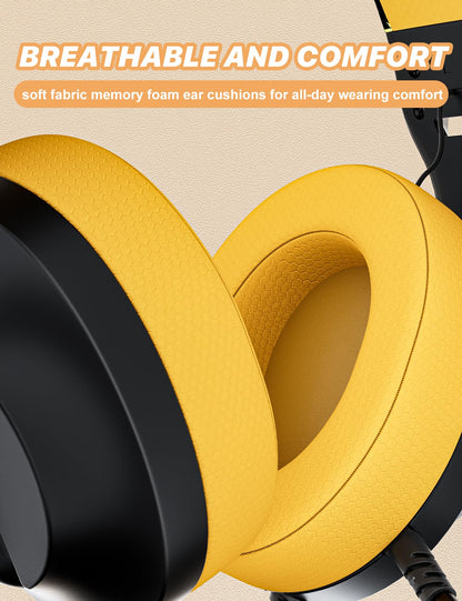 WIRWTRU S30 Gaming Headset - Lightweight Wired Headphones, Noise Cancelling Mic, Soft Earmuffs, Yellow, Compatible with Xbox, PS5, PC