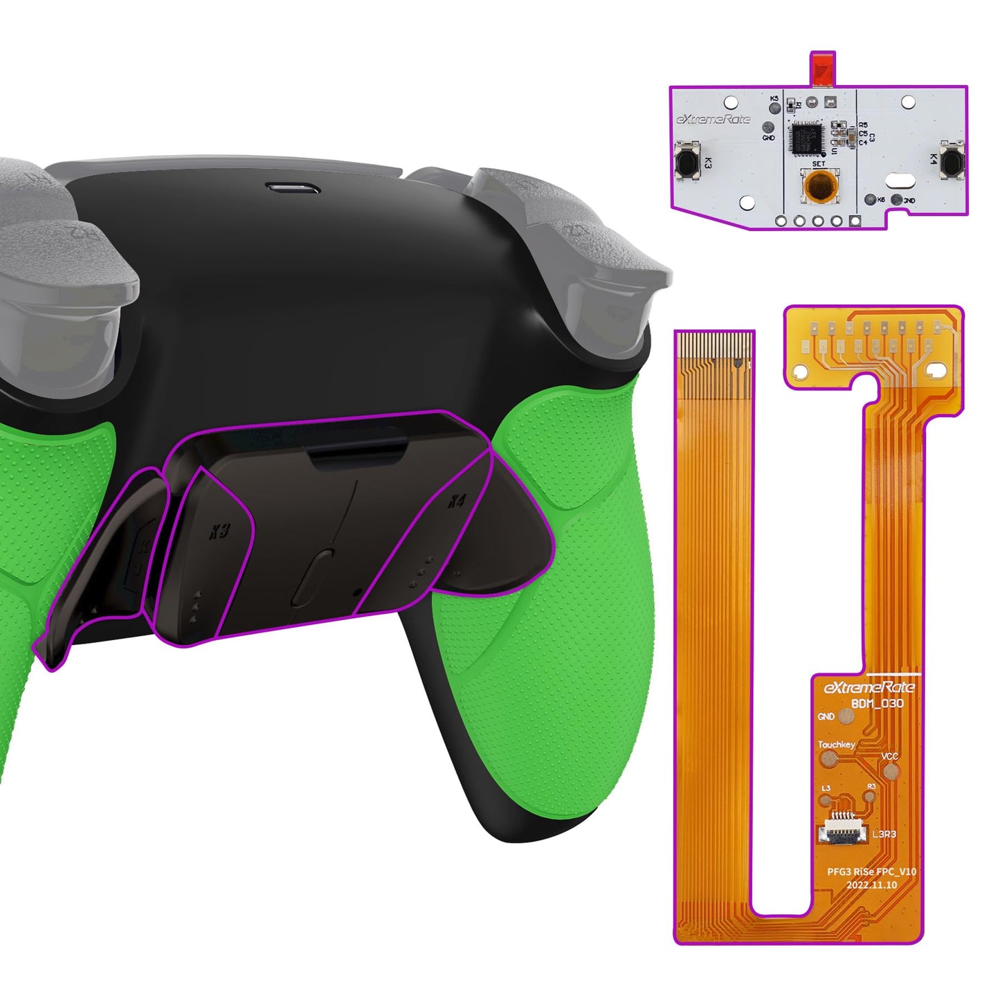 eXtremeRate Black Real Metal Buttons RMB RISE4 Remap Kit for PS5 Controller BDM-030 040 050 with Green Rubberized Grip Redesigned Black Back Shell  Upgrade Board & 4 Back Buttons for PS5 Controller