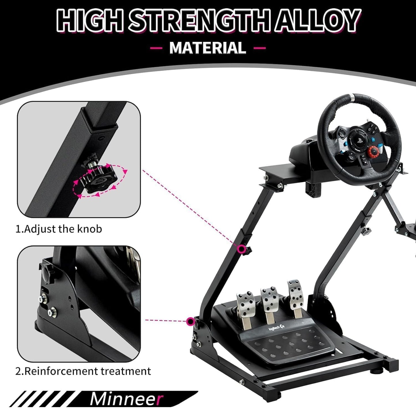Minneer Foldable Racing Wheel Stand for Logitech/Thrustmaster/Fanatec - 1H Size, Black - Compatible with G29/G920/G923/G27/G25/T80/T