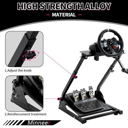 Minneer Foldable Racing Wheel Stand for Logitech/Thrustmaster/Fanatec - 1H Size, Black - Compatible with G29/G920/G923/G27/G25/T80/T